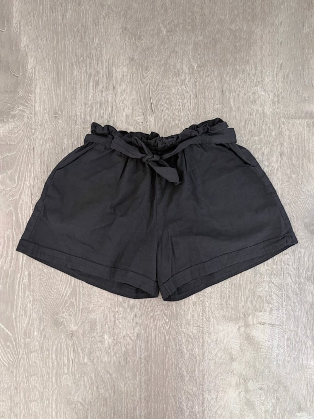 Linen Paperbag High Waisted Shorts Belt Women's Large Black